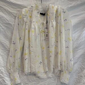 Tahari White Blouse with Yellow and Purple Floral Design